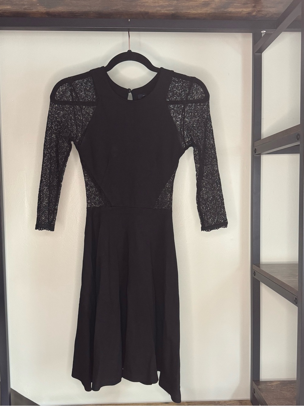 Fancy French Connection Black Lace-Sleeve, Cut-Out A-Line Dress